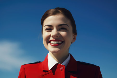 Happy young air hostess in a red suit against a blue sky, looking at the camera. Generative AI AIG21.の素材
