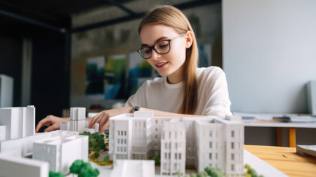 Happy female architect looking at architectural models with buildings and green space. Generative AI AIG21.の素材