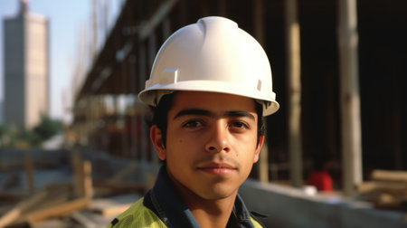 30s male hispanic Civil Engineer with determined face at construction site. Generative AI AIG21.の素材