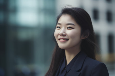 Young smart asian businesswoman, smiling face, standing in blur background of modern office building. Generative AI AIG20.の素材