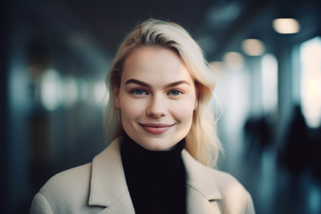Young smart swedish businesswoman, smiling face, standing in blur background of modern office building. Generative AI AIG20.の素材