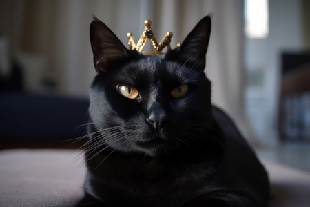 King of cat wearing crown on dark background. distinct generative AI image.の素材