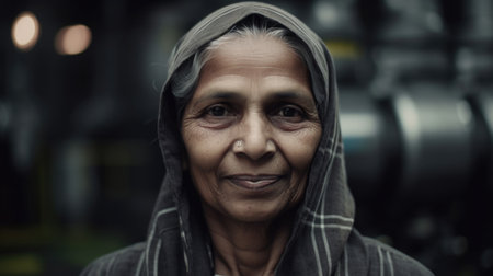 A smiling senior Indian female factory worker standing in oil refinery plant. Generative AI AIG19.の素材
