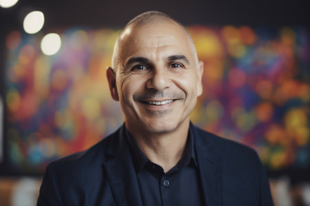 Mature smart hispanic businessman, smiling face, standing in blur background of creative colorful office interior design. Generative AI AIG20.の素材