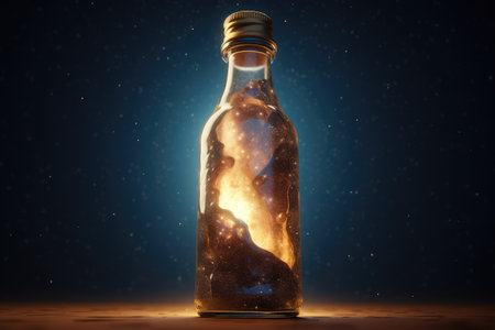 Magic bottle with star and sky inside the bottle. distinct generative AI image.の素材