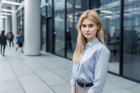 Young shy blonde girl in business attire, standing in busy office. Generative AI AIG20.の素材