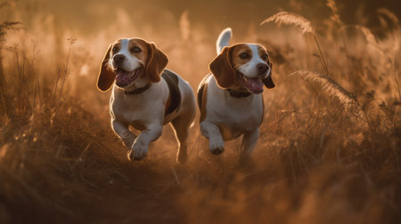 Two beagle dogs frolicking in a grassy field during day sunny. Generative AI AIG18.の素材