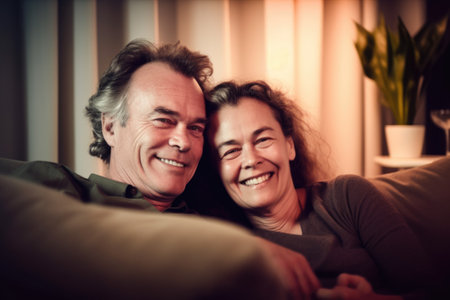 Happy mature scandinavian couple sitting on sofa at home smiling happily. Generative AI AIG20.の素材