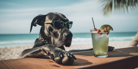 Great Dane dog is on summer vacation at seaside resort and relaxing rest on summer beach of Hawaiiの素材
