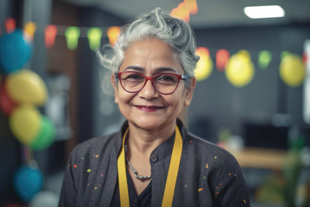Mature smart indian businesswoman, smiling face, standing in blur background of creative colorful office interior design. Generative AI AIG20.の素材