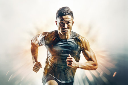 Heroic double exposure photo of a well trained male Chinese runner speedy running. Generative AI AIG19.の素材