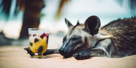 hyena is on summer vacation at seaside resort and relaxing on summer beachの素材