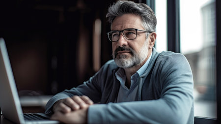 The mature businessman with the laptop sitting near the office window and admiring view from window. Generative AI AIG21.の素材