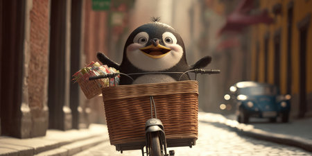 penguin have fun bicycle ride on sunshine day in summer on town streetの素材