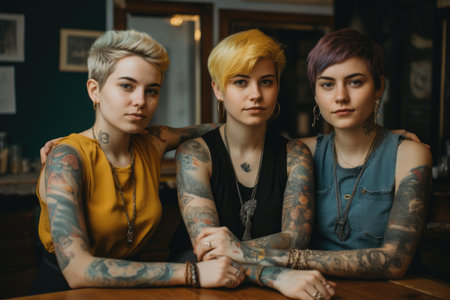Three young women with tattoos and vivid colors short hair in an office. Generative AI AIG21.の素材