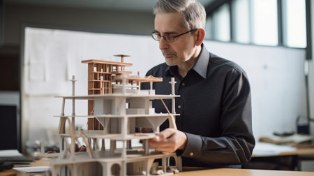 A male architect holding building model in office. Generative AI AIG21.の素材