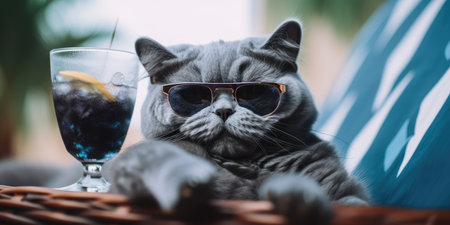 Cat is on summer vacation at seaside resort and relaxing rest on summer beach of Hawaii. distinct generative AI image.の素材