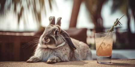 rabbit is on summer vacation at seaside resort and relaxing on summer beachの素材