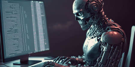 Artificial intelligence robot using computer software for gpt binary coding. distinct generative AI image.の素材