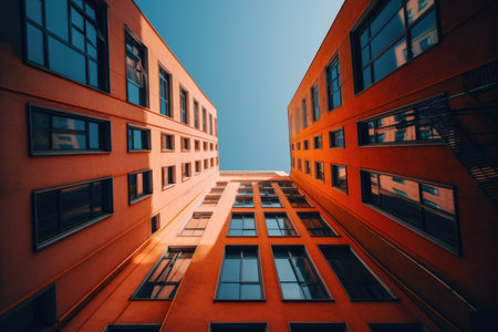 Low angle shot of a unique high rise orange building touching the blue sky. Generative AI AIG21.の素材