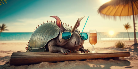armadillo is on summer vacation at seaside resort and relaxing on summer beachの素材