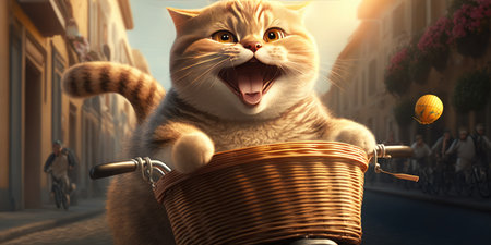 cat have fun bicycle ride on sunshine day in summer on town streetの素材