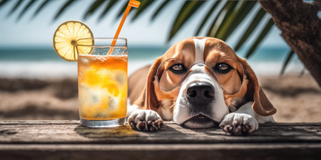 Beagle dog is on summer vacation at seaside resort and relaxing rest on summer beach of Hawaiiの素材