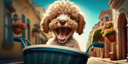 Poodle puppy dog have fun bicycle ride on sunshine day morning in summer on town streetの素材