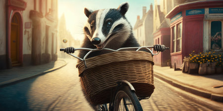 badger have fun bicycle ride on sunshine day in summer on town streetの素材