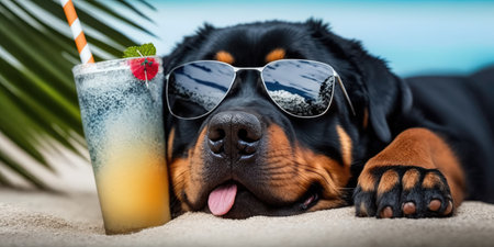 Rottweiler dog is on summer vacation at seaside resort and relaxing rest on summer beach of Hawaiiの素材