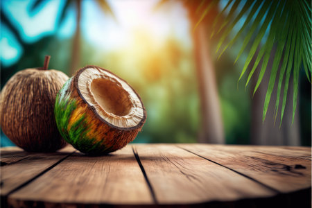 Focus empty wood table with blurred of coconut and palm tree background. Concept of blank space for advertising product with sunrise view. Finest generative AI.の素材
