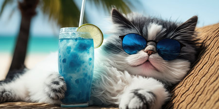 Cat is on summer vacation at seaside resort and relaxing rest on summer beach of Hawaii. distinct generative AI image.の素材