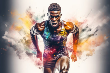 Heroic double exposure colorful photo of a well trained male African runner speedy running. Generative AI AIG19.の素材