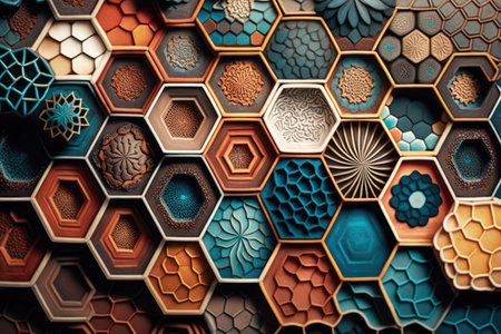 Mosaic art abstract background in hexagonal shape. distinct generative AI image.の素材