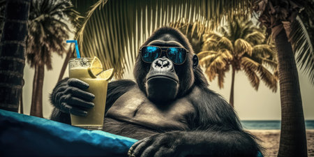 gorilla is on summer vacation at seaside resort and relaxing on summer beachの素材