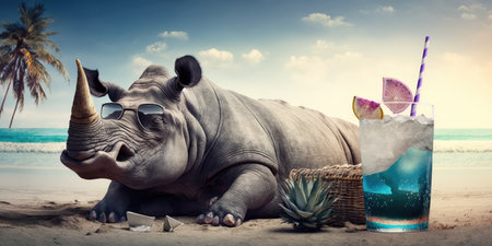 rhino is on summer vacation at seaside resort and relaxing on summer beachの素材