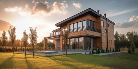 Country home with garden and grass lawn, luxury scandinavian exterior. distinct generative AI image.の素材