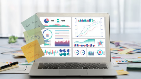 Sticky note for creative and analytic brainstorm for business idea with BI data dashboard on laptop...