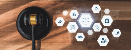 Smart law, legal advice icons and lawyer working tools in the lawyers office showing concept of digital law and online technology of astute law and regulations .の写真素材