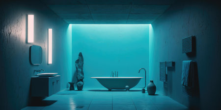 bathroom interior decorated with blue wall and bathtub. superlative generative AI image.の素材
