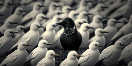 Difference concept showing by extraordinary bird standing out of the crowd. superlative generative AI image.の素材