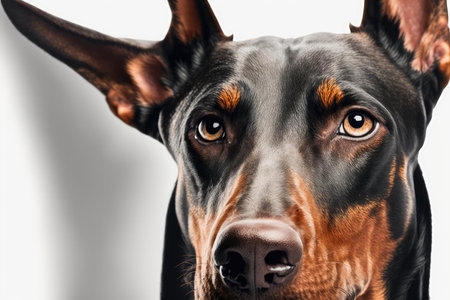 Close up of black-brown Doberman Pinscher dog in white background. Generative AI AIG16.の素材
