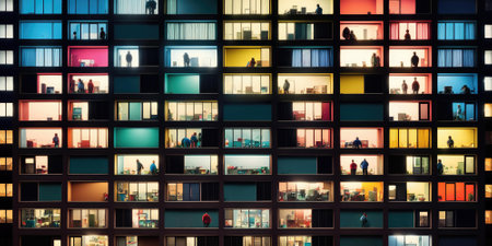 Direct front view of office building with many windows of rooms. superlative generative AI image.の素材