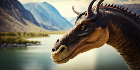 Prehistoric creature or dinosaur in the wild nature. Realistic style drawing. superlative generative AI image.の素材