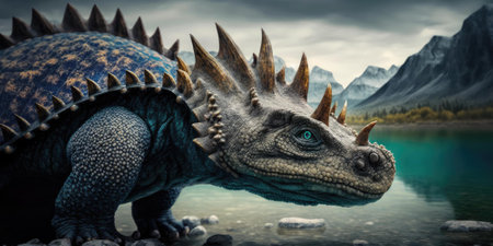 Prehistoric creature or dinosaur in the wild nature. Realistic style drawing. superlative generative AI image.の素材