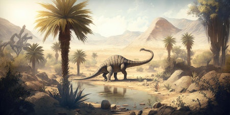 Prehistoric creature or dinosaur in the wild nature. Realistic style drawing. superlative generative AI image.の素材