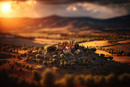 Tilt shift Tuscany landscape stunning sunset beautiful. Generative AI AIG15.の素材