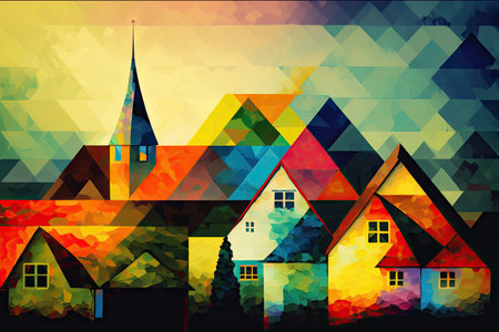 Concept colorful modern abstract art in austrian village. Decorated by technique painting in sunlight of reflecting to graphic house. Glorious generative AI.の素材