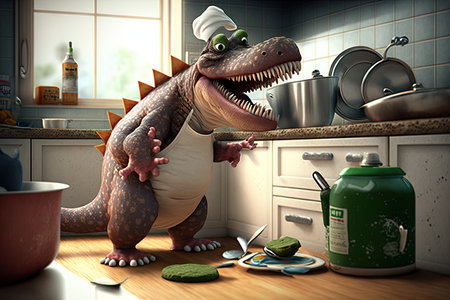 Funny Tyrannosaurus rex dinosaur cartoon character. Concept of diverse feeling. Glorious Generative AI.の素材