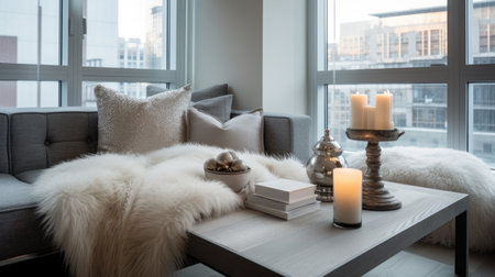 Interior design of Living Room in Modern style with Large Window decorated with Faux Fur, Woven Throw material. Modern architecture. Generative AI AIG24.の素材